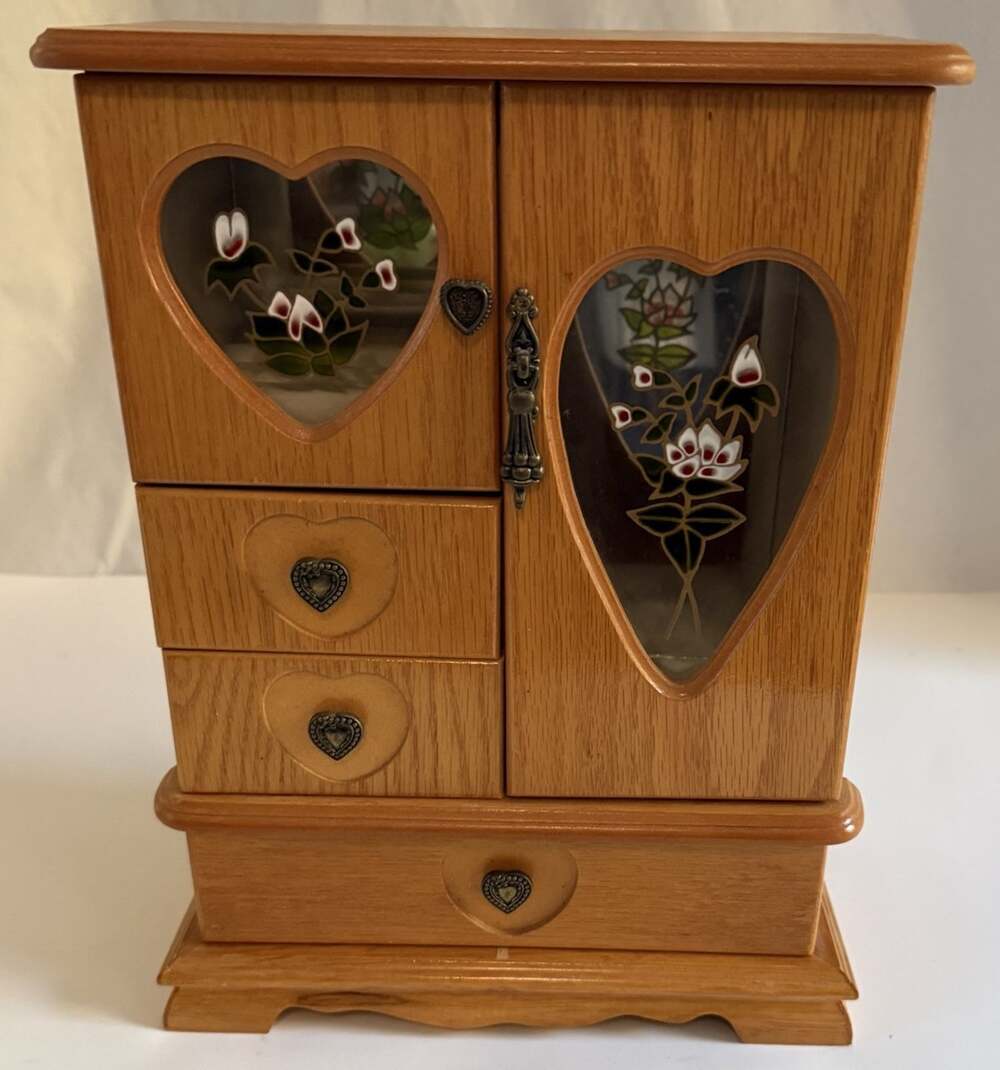Vintage Wooden Jewelry Armoire Heart Glass Floral Oak Finish Organizer Box y2k